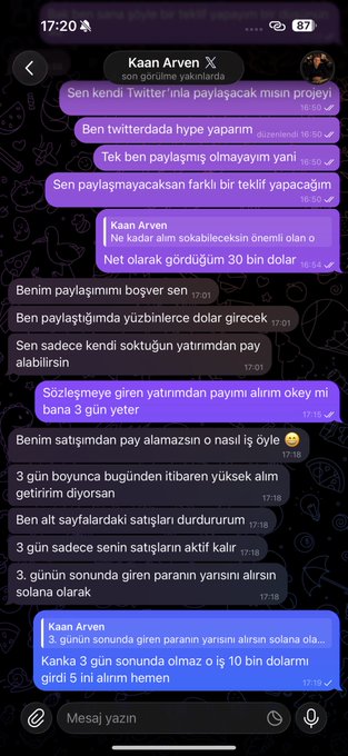 A Turkish-language DM conversation between "Kaan Arven" (a crypto influencer allegedly promoting a fraudulent project) and another user, where Arven negotiates commission percentages (40%, then 30%, then 50%) for bringing in investors to a cryptocurrency presale. The screenshot supports the accompanying post's claim that influencers are paid to recruit new participants, with Arven agreeing to a 50% revenue split—an unusual offer that suggests the underlying project may be illegitimate.