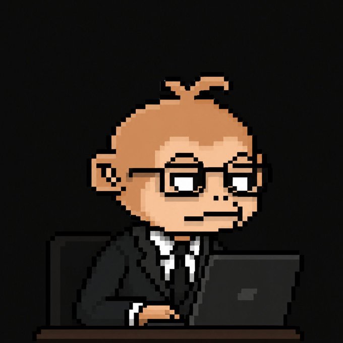 A pixel-art illustration of a bald man with glasses wearing a dark suit, sitting at a laptop with a small antenna-like detail on his head against a dark background.