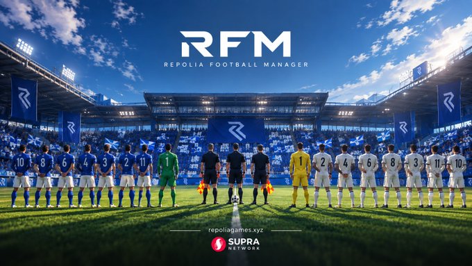 A promotional banner for 'RFM REPOLIA FOOTBALL MANAGER' by SUPRA NETWORK, showing two teams of players lined up on a football pitch facing the camera in a large stadium.