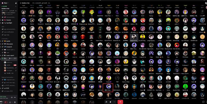 A screenshot of a Discord-style voice chat interface with numerous user avatars, with one "duelduck.eth" avatar highlighted with a red box.