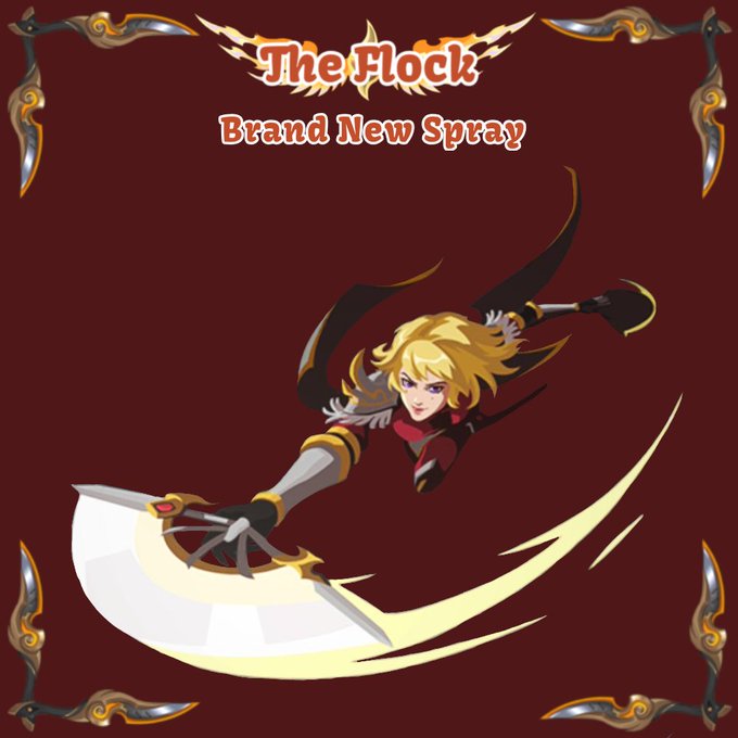 Promotional artwork for a game character or item titled 'The Flock - Brand New Spray' features a blonde, anime-style character wielding a large scythe-like weapon against a dark red background with decorative borders.
