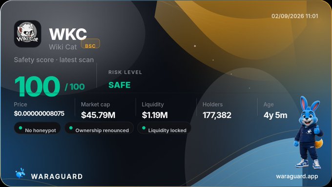 Wiki Cat (WKC) BSC token safety scan on Waraguard showing a 100/100 safety score, SAFE risk level, market cap of $45.79M, and 177,382 holders.