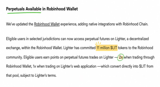 A blog post titled "Perpetuals Available in Robinhood Wallet" announces that 11 million $LIT tokens have been committed by Lighter for the Robinhood community, with eligible users earning 2x points on perpetual futures trades through Robinhood Wallet (versus 1x on Lighter's web app) that convert into $LIT.