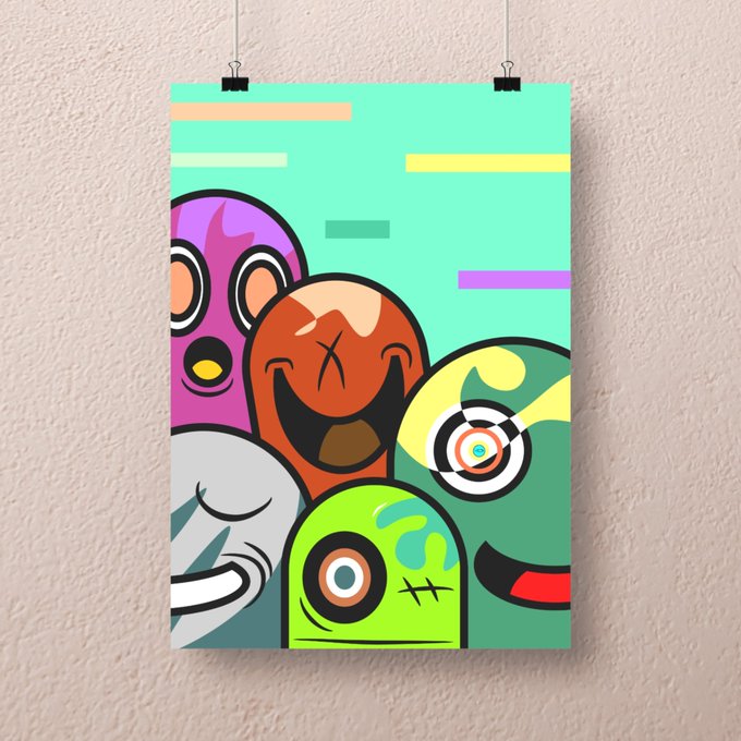 A poster mockup hanging on a wall featuring colorful cartoon character faces in a modern street art style with bright colors and abstract shapes.