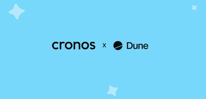 A promotional graphic on a light blue background with star accents announcing a partnership between 'cronos' and 'Dune'.