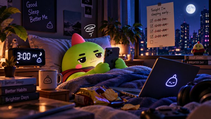 A green cartoon character looks tired while using a smartphone in bed at 3:00 AM, surrounded by a digital clock, laptop, snacks, and a checklist noting 'Tonight I'm sleeping early...' with times like 11:00 PM, 12:00 AM, 1:00 AM, and 2:00 AM unchecked.