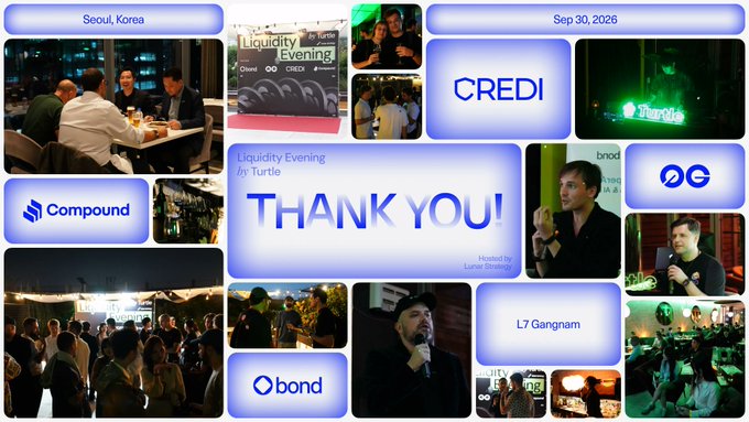 A 'Thank You!' slide collage from the Liquidity Evening event hosted by Lunar Strategy in Seoul, Korea on September 30, 2026, featuring logos for CREDI, Compound, bnod, 0G, bond, and L7 Gangnam.