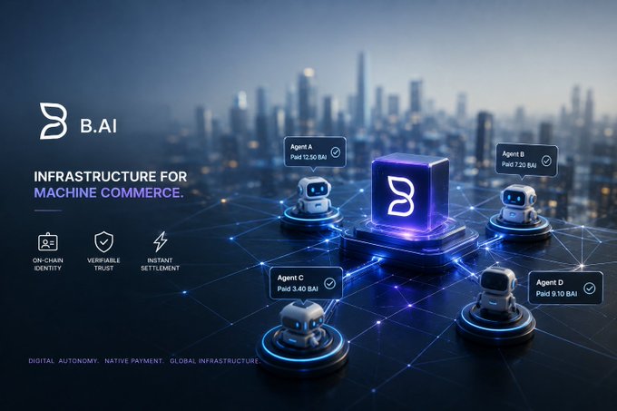 Marketing image for 'B.AI' branding itself as 'Infrastructure for Machine Commerce,' showing four robot agents (Agent A–D) transacting with BAI tokens against a nighttime city skyline, highlighting features like On-Chain Identity, Verifiable Trust, and Instant Settlement.