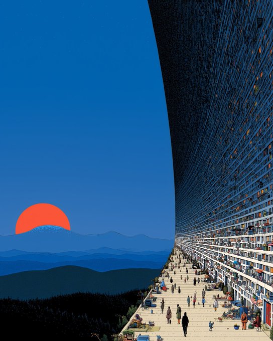 A striking illustration showing a massive curved building on the right side where a large group of people live and walk along a wide street, with a stylized red sun setting behind blue layered mountains on the left under a deep blue sky.