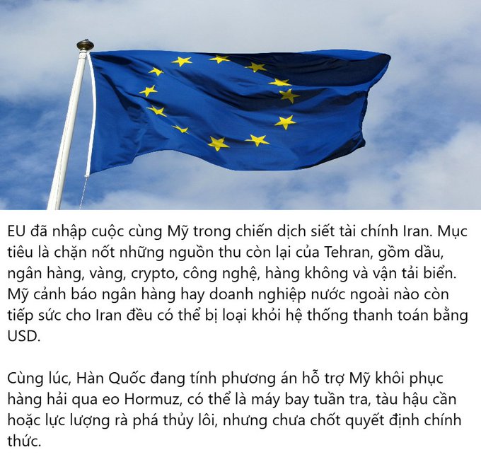 A waving European Union flag against a cloudy blue sky, accompanied by Vietnamese text discussing the EU joining the US in tightening financial sanctions on Iran, targeting oil, banking, gold, crypto, technology, aviation, and maritime sectors.