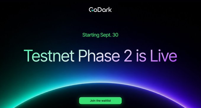 A promotional graphic for GoDark announcing 'Starting Sept. 30' and 'Testnet Phase 2 is Live' with a 'Join the waitlist' button.