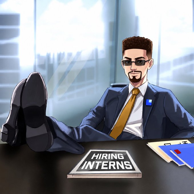 An illustration of a man in a blue suit and yellow tie sitting at a desk with his feet propped up next to a book titled "HIRING INTERNS".