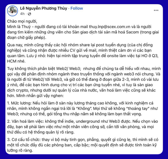 The image shows a screenshot of a Facebook page with text written in Vietnamese. The text appears to be in English as well, but it is not clear from the image alone whether it is a translated version or an original post by someone else. The main focus should be on understanding what the text says and how it relates to the context of the image.