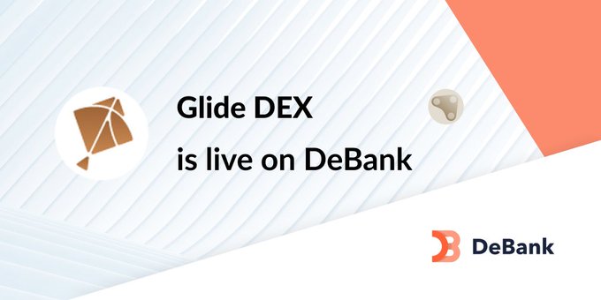 The image features a banner with text that reads "Glide DEX" and "Live on DeBank", along with an image of a kite. The text also mentions that Glide DEX's portfolio is now tracked on debank.com, which implies that the image might be related to a promotional post or advertisement for Glide DEX.