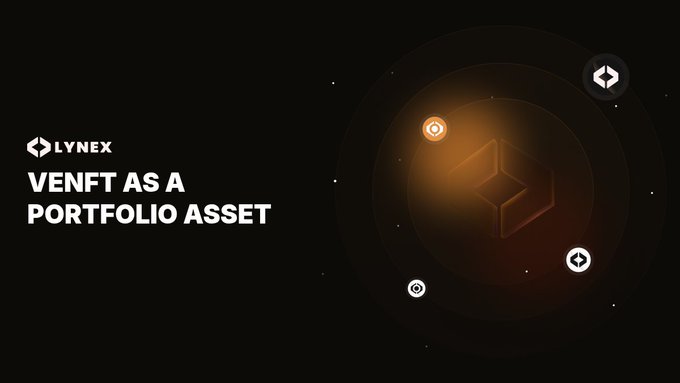 A dark promotional graphic for LYNEX with the text 'VENFT AS A PORTFOLIO ASSET' alongside a glowing orange geometric cube design and circular icons.