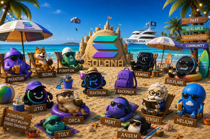 A vibrant beach scene features the Solana logo built into a sandcastle, surrounded by cartoon mascots and characters representing major Solana ecosystem projects including Phantom, Bonk, Pumpfun, Kamino, Raydium, Backpack, Solflare, Jito, Orca, Mert, Toly, Ansem, Helium, and Sensei lounging under branded Solana umbrellas, with a sign reading "Powering the Next Billion Users Onchain" and another highlighting Solana as "Fast, Scalable, Decentralized, Community"—perfectly capturing the "Solana summer is here, the biggest season is just getting started" spirit.