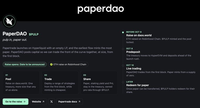 A dark-themed informational webpage for PaperDAO $PULP detailing its launch on Hyperliquid and Robinhood Chain, with a roadmap including Pool, Trade, Share, and Redeem phases.