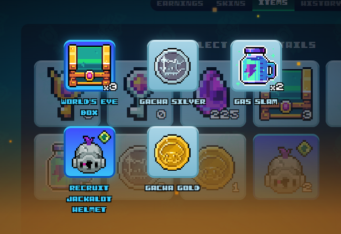 The image shows a screenshot from a video game where a player has just completed a level and is now awaiting their reward. The level features various items such as a helmet, jacket, jackal helmet, bottle of gas slant, jacaranda gold coin, and gacha silver coins. A text box in the bottom left corner provides information about the rewards for playing the game.
