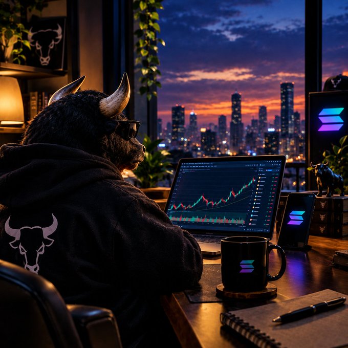 An AI-generated image of a horned figure wearing sunglasses and a hoodie with a bull logo, sitting at a desk viewing crypto trading charts on a laptop against a city skyline at dusk, with Solana (SOL) logos visible.