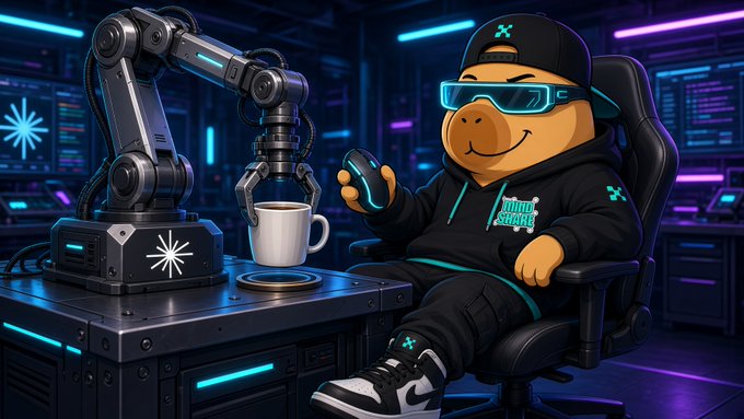 A cartoon bear mascot wearing VR goggles, a cap, and a black hoodie sits in a gaming chair holding a controller, next to a robotic arm holding a coffee mug in a neon-lit tech room.