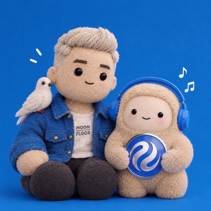 Two plush figurines on a blue background: a boy character wearing a 'MOON FLOOR' shirt with a white bird on his shoulder, and a hooded character wearing blue headphones and holding a circular blue logo with music notes around them.