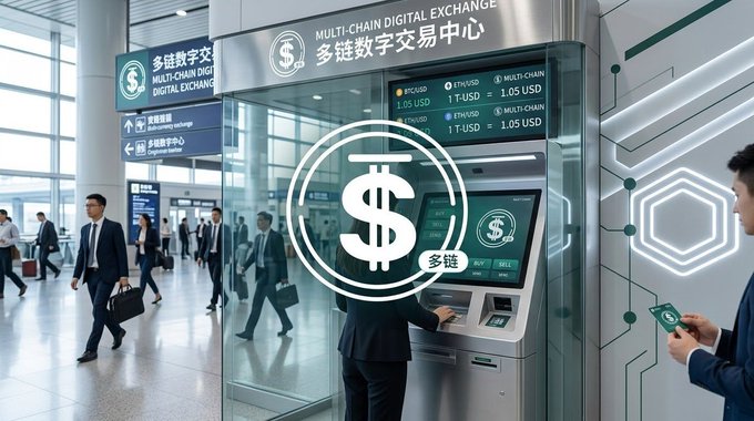 A futuristic 'Multi-Chain Digital Exchange' kiosk displaying cryptocurrency exchange rates including ETH/USD and 'Multi-Chain' at 1.05 USD, with businessmen walking through a modern terminal and a digital dollar overlay.