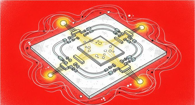 An illustrated diagram of a quantum or photonic chip on a red background, featuring a central chip surrounded by glowing connection points.