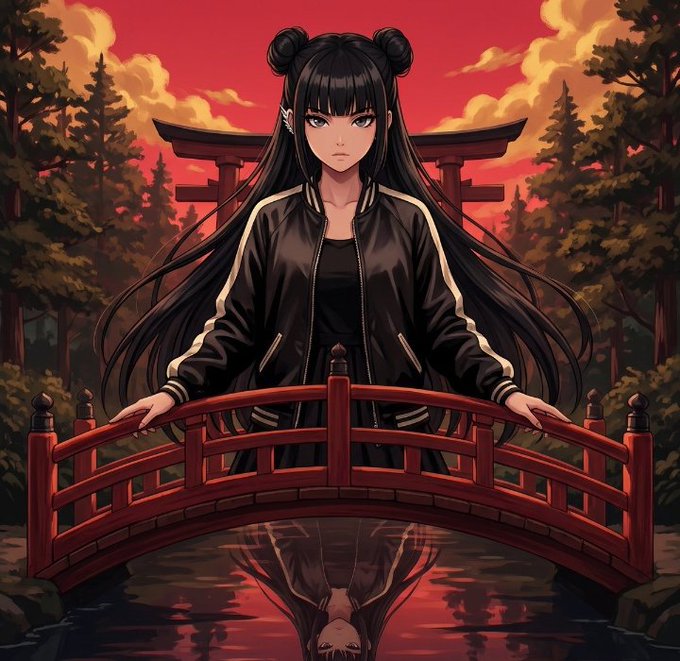An anime-style illustration of a girl with long black hair in twin buns, wearing a black jacket, standing on a red bridge with a torii gate and red sky in the background.