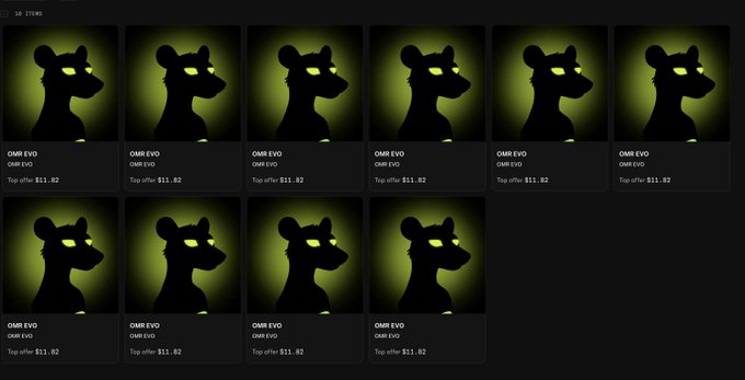 A dark-themed NFT marketplace interface displaying a grid of identical 'OMR EVO' items, each showing a glowing-eyed bear silhouette priced at a 'Top offer $11.82'.
