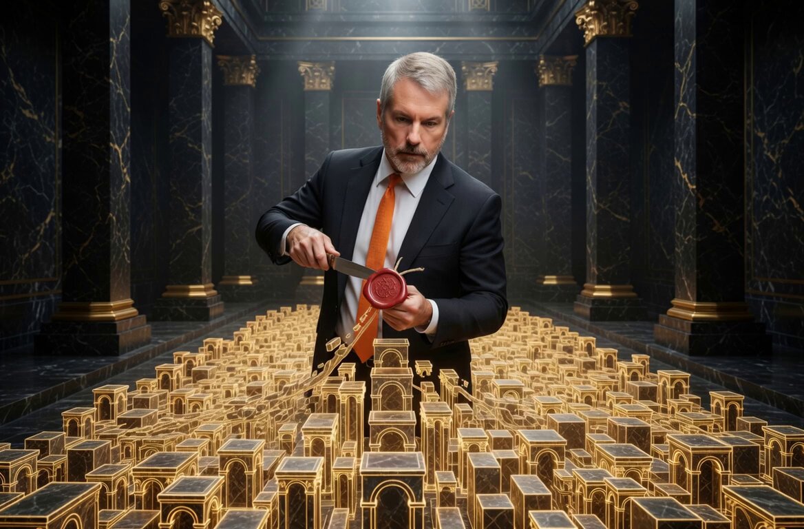 The image features a man dressed in a suit standing in front of a large number of small cubes arranged in rows and columns. The man is holding a pair of scissors, cutting one of these cubes with precision. The scene suggests that the man might be involved in some sort of business or corporate setting where the cubes represent valuable assets to be acquired. The post also mentions that this process fills the entire chamber in orderly, multiplied volume, which could imply that the man is trying to sell a single cube at a time and acquiring multiple cubes simultaneously for his company's benefit.