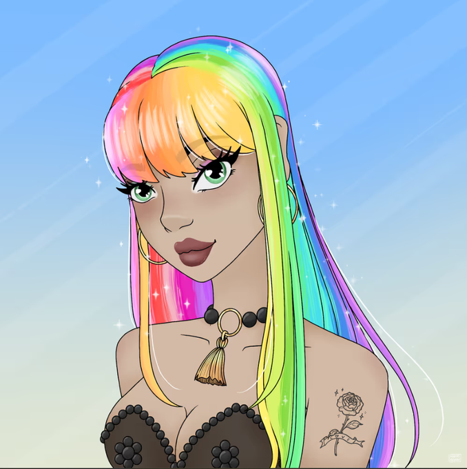 Digital illustration of a woman with long rainbow-colored hair, green eyes, hoop earrings, and a rose tattoo on her arm, wearing a black beaded top.