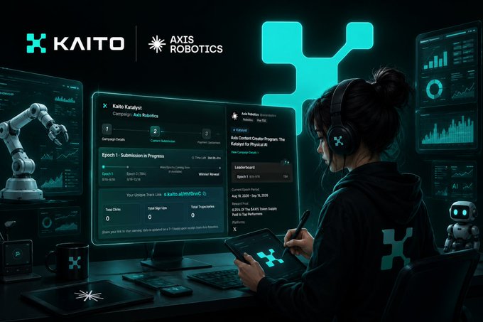 A stylized digital illustration of a person wearing a KAITO hoodie and headset working at a high-tech computer setup featuring 'KAITO' and 'AXIS ROBOTICS' branding alongside a robotic arm.