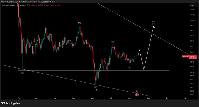 A TradingView candlestick chart of Solana (SOL/USD) on a 1-day timeframe shows Elliott Wave labels (i, ii, iii, iv, v, a, b, c) marking key price swings between $58.70 and $112.50 from February through November 2025, with the post outlining two scenarios: a direct pump to resistance or a dip to support before rallying higher.