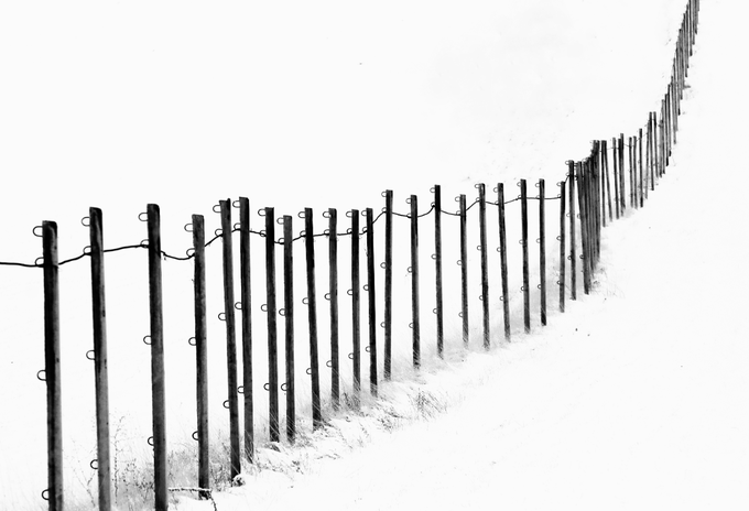 A black and white photograph captures a snow fence with vertical wooden posts and wire strung between them, curving into the distance through a snowy, windswept landscape.