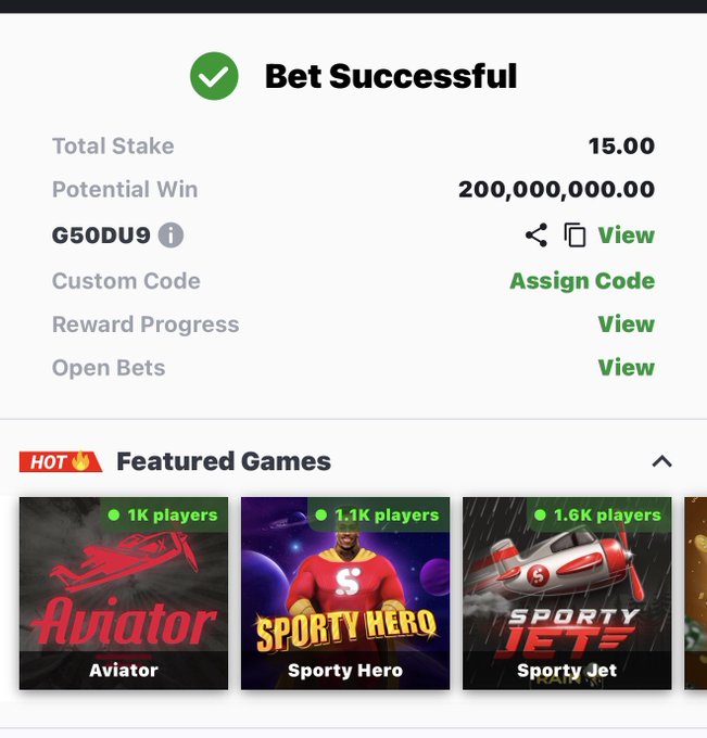 A betting confirmation screen showing a successful bet with a Total Stake of 15.00 and a Potential Win of 200,000,000.00, alongside featured games including Aviator (1K players), Sporty Hero (1.1K players), and Sporty Jet (1.6K players). The "SPREADSHEET 16/16 FTX" caption suggests this is part of a winning picks or predictions record being shared.