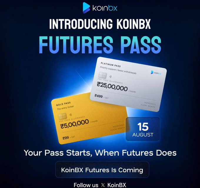 KoinBX announces its "Futures Pass" membership tiers — Gold (₹5,00,000 allowance, ₹99) and Platinum (₹25,00,000 allowance, ₹499) — set to launch August 15, paired with a $30 USDT or SOL giveaway for engagement.

The image promotes KoinBX's upcoming Futures product launch with tiered subscription passes, while the accompanying tweet runs a separate $30 crypto giveaway to boost social engagement around the announcement.