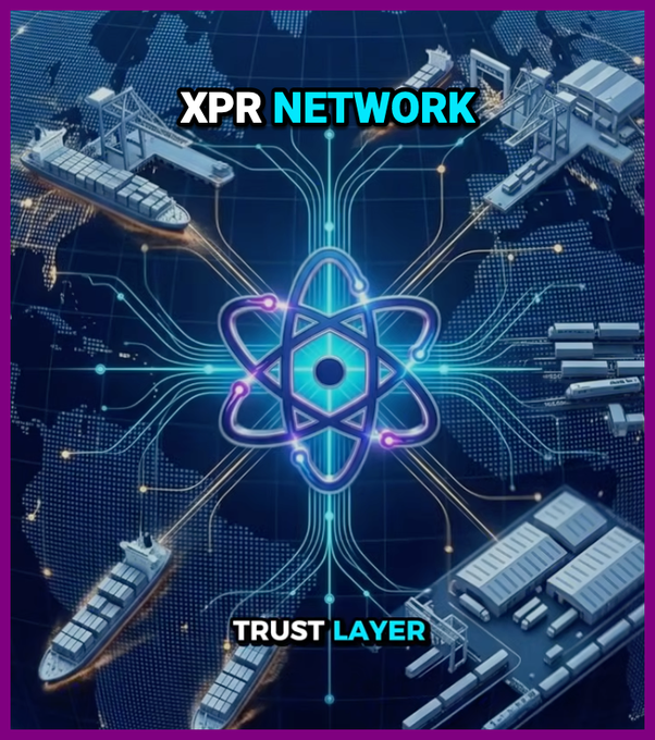 The image features a large blue circle with a purple dot at its center, surrounded by smaller circles representing ships or boats. The text "XPR Network" is written above the circle, while "Trust Layer" is written below it. The background of the image shows a map of the world with various ports and warehouses depicted on it.