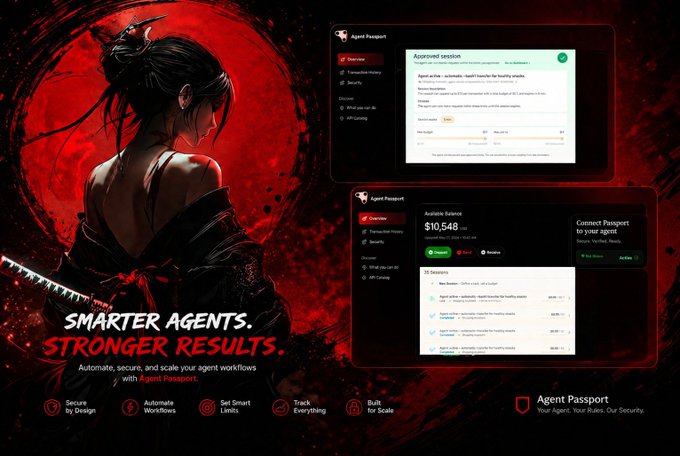 An 'Agent Passport' promotional graphic featuring an anime-style warrior illustration with text 'SMARTER AGENTS. STRONGER RESULTS.' and screenshots of the agent management interface showing $10,548 available balance.