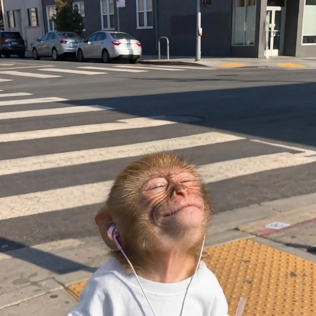 A baby monkey wearing a white shirt and earbuds stands on a city street with crosswalks and parked cars in the background, its eyes closed in apparent enjoyment.