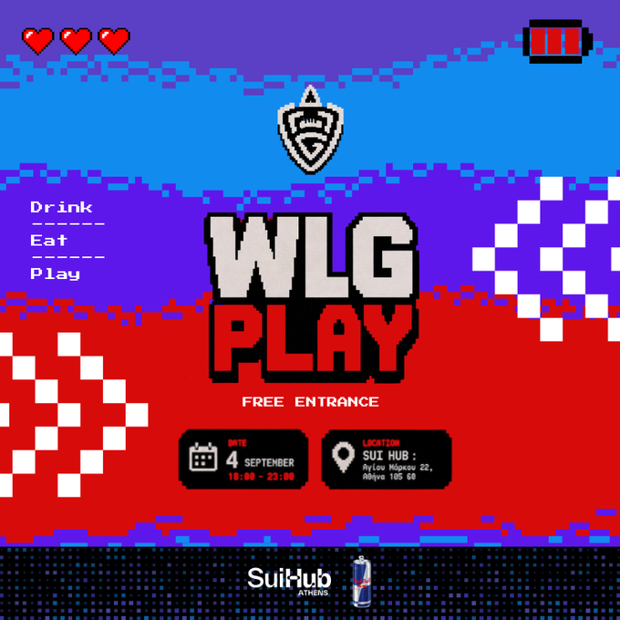 Pixel-art event poster for 'WLG PLAY' on September 4, 18:00–23:00 at Sui Hub (Ayiou Markou 22, Athens), featuring 'Drink', 'Eat', 'Play' text and a 'FREE ENTRANCE' label.