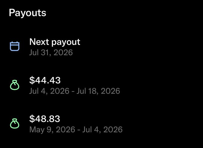 A 'Payouts' screen showing the next payout scheduled for Jul 31, 2026, with previous payouts of $44.43 (Jul 4–18, 2026) and $48.83 (May 9–Jul 4, 2026).