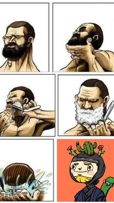 A six-panel comic strip depicting a bearded man going through a shaving routine that progressively escalates, ending with him shaving his own head while a small green cactus character watches in the final orange-tinted panel.