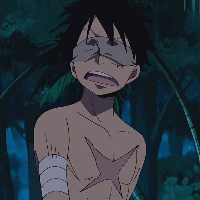 An anime character with messy black hair and a bandaged face stands shirtless in a dark forest, his mouth open in an expression of distress, with a white bandage wrapped around his upper arm. The image's somber, exhausted tone complements the "GM CT" post, evoking a "good morning" that's anything but pleasant.