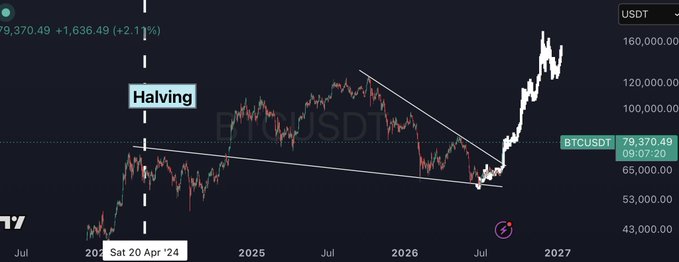 A Bitcoin/USDT (BTCUSDT) price chart shows BTC trading at $79,370.49 (+2.11%), with a descending wedge pattern breakout and a marked "Halving" event on April 20, 2024, supporting the post's bullish thesis that dips are buying opportunities en route to new all-time highs.