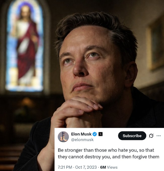 An image of Elon Musk with a tweet overlay reading 'Be stronger than those who hate you, so that they cannot destroy you, and then forgive them' posted on Oct 7, 2023.