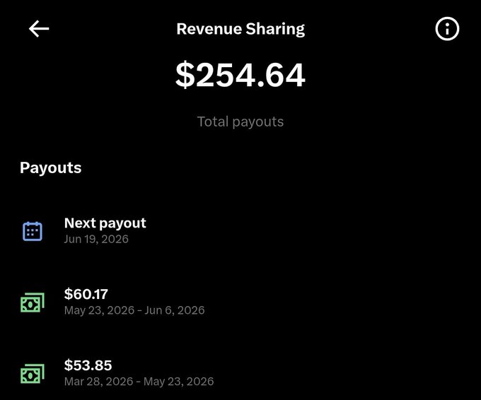 The image displays a phone screen that shows a summary of a recent transaction, possibly involving payments or balances related to a Revenue Sharing payment account. It has text and numbers, providing details about the received amount of $254.6, two separate dates (May 23, 2026), and the month being June. The overall impression is one of financial management and organization for this type of service.