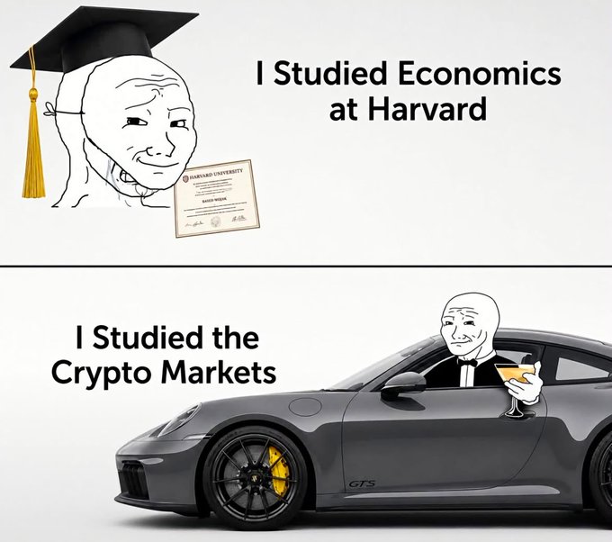 A two-panel Wojak meme contrasts 'I Studied Economics at Harvard' (showing a graduate in cap and gown with a diploma) with 'I Studied the Crypto Markets' (showing the same character in a tuxedo holding a cocktail next to a Porsche 911 GTS).
