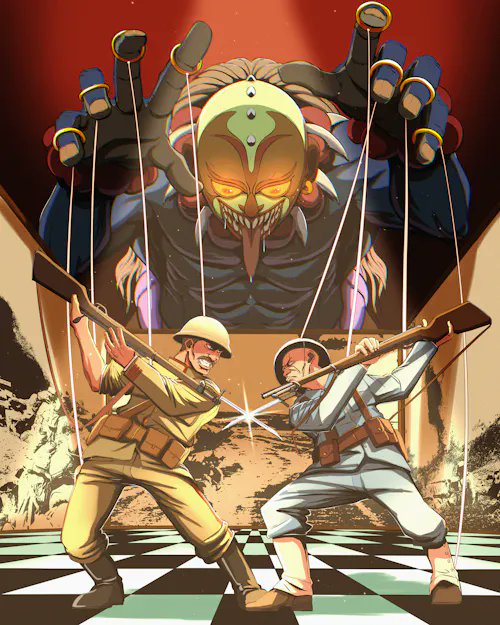 An illustration shows two soldiers in WWI-style uniforms charging with rifles bayoneted, while a menacing green-faced puppeteer looms behind them, controlling their strings.