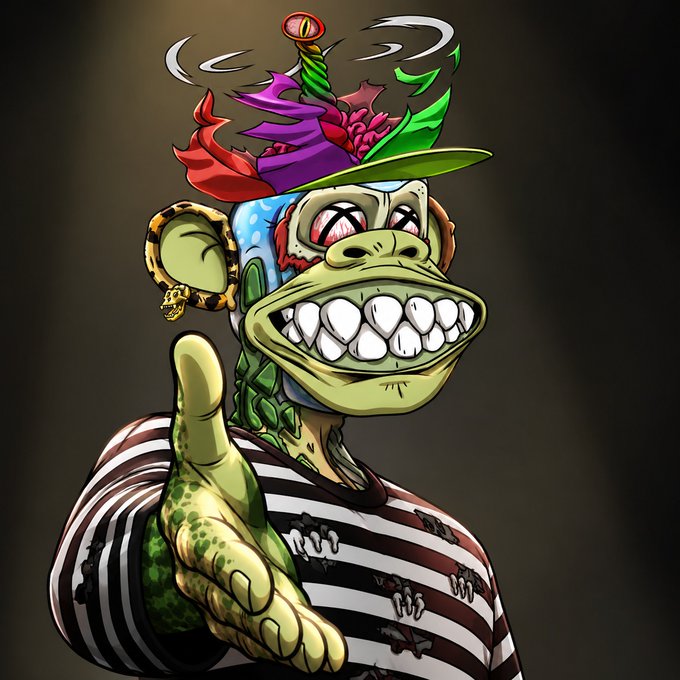 A cartoon zombie monkey wearing a striped shirt, green beaded necklace, skull earring, and a colorful hat adorned with feathers and a "Sorsa" emblem gives a thumbs-up while flashing a wide grin. The image humorously illustrates the post's self-deprecating point about being labeled a "smart follower" on Sorsa despite investing in "shitcoins and JPEGs," with the goofy, somewhat unhinged monkey mascot embodying the unserious, playful nature of such crypto choices.