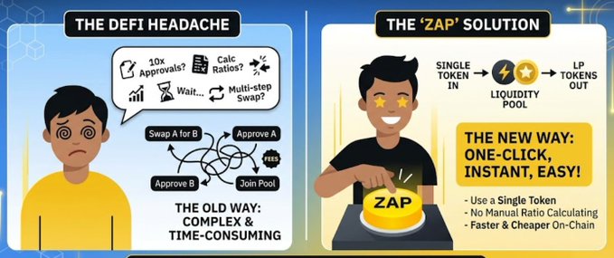 The image contrasts the complex DeFi process requiring 10 approvals and ratio calculations (left) with the new "ZAP" solution from Binance Wallet (right), which simplifies liquidity entry to a single token in and LP tokens out, matching the post's message about the new one-click Zap feature launching August 9 to eliminate multiple approvals and manual ratio calculations.